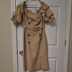 New York & Company Tan Off the Shoulder Ruffle Sleeve Trench-Style Midi Dress
